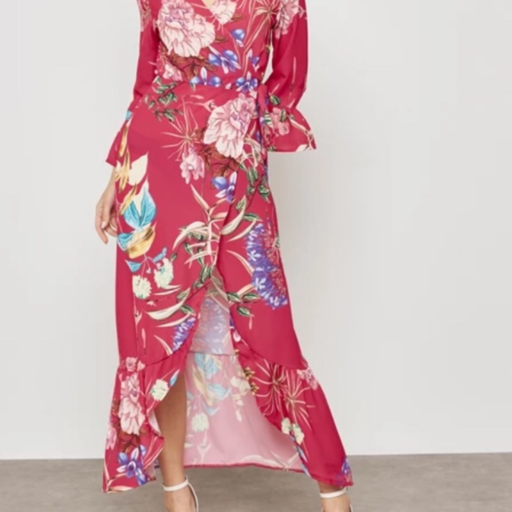 Floral Kimono Wrap Dress Ruffle Trim